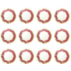 Set of 12 English Porcelain Dinner Plates with Vibrant Raspberry Border. 7