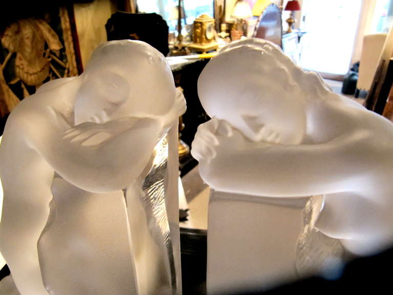 Art Deco Style Lalique Bookends, Signed In Excellent Condition In Buchanan, MI