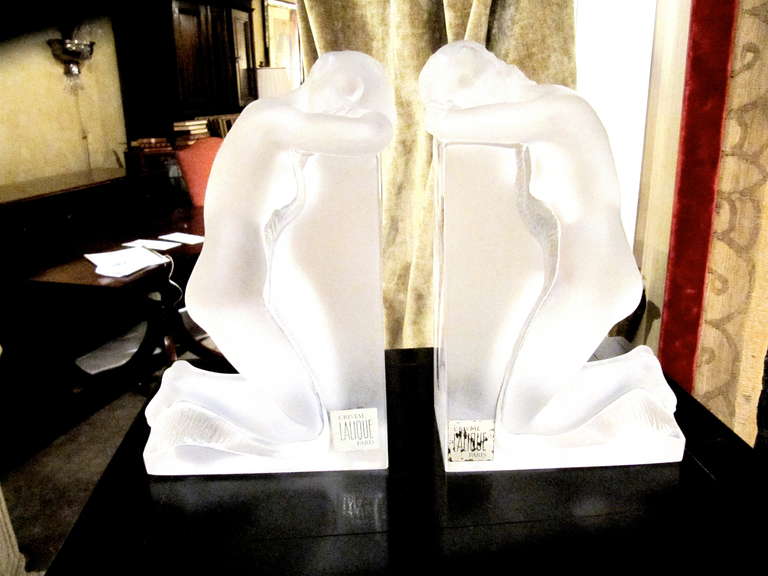 French Art Deco Style Lalique Bookends, Signed