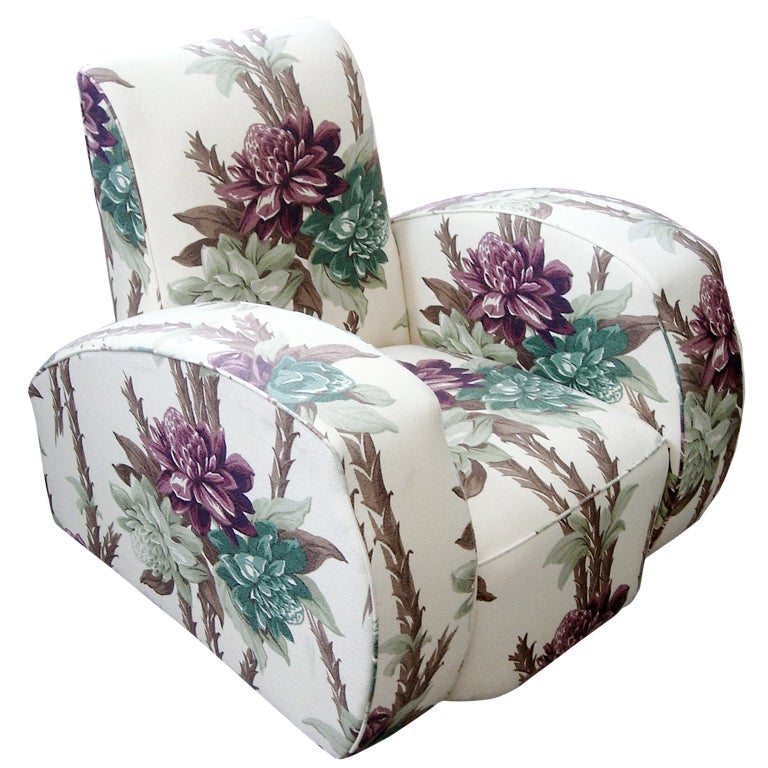 Dramatic Art Deco Club Chair Reupholstered in Floral Barkcloth