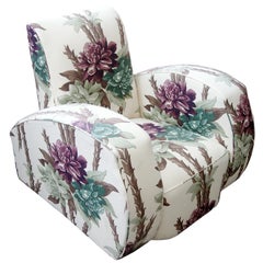 Vintage Dramatic Art Deco Club Chair Reupholstered in Floral Barkcloth