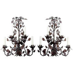 Monumental Pair of Tole Six-Arm Wall Sconces 11