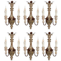Set of Six Italian Style Carved Wood and Iron Two-Arm Sconces 1