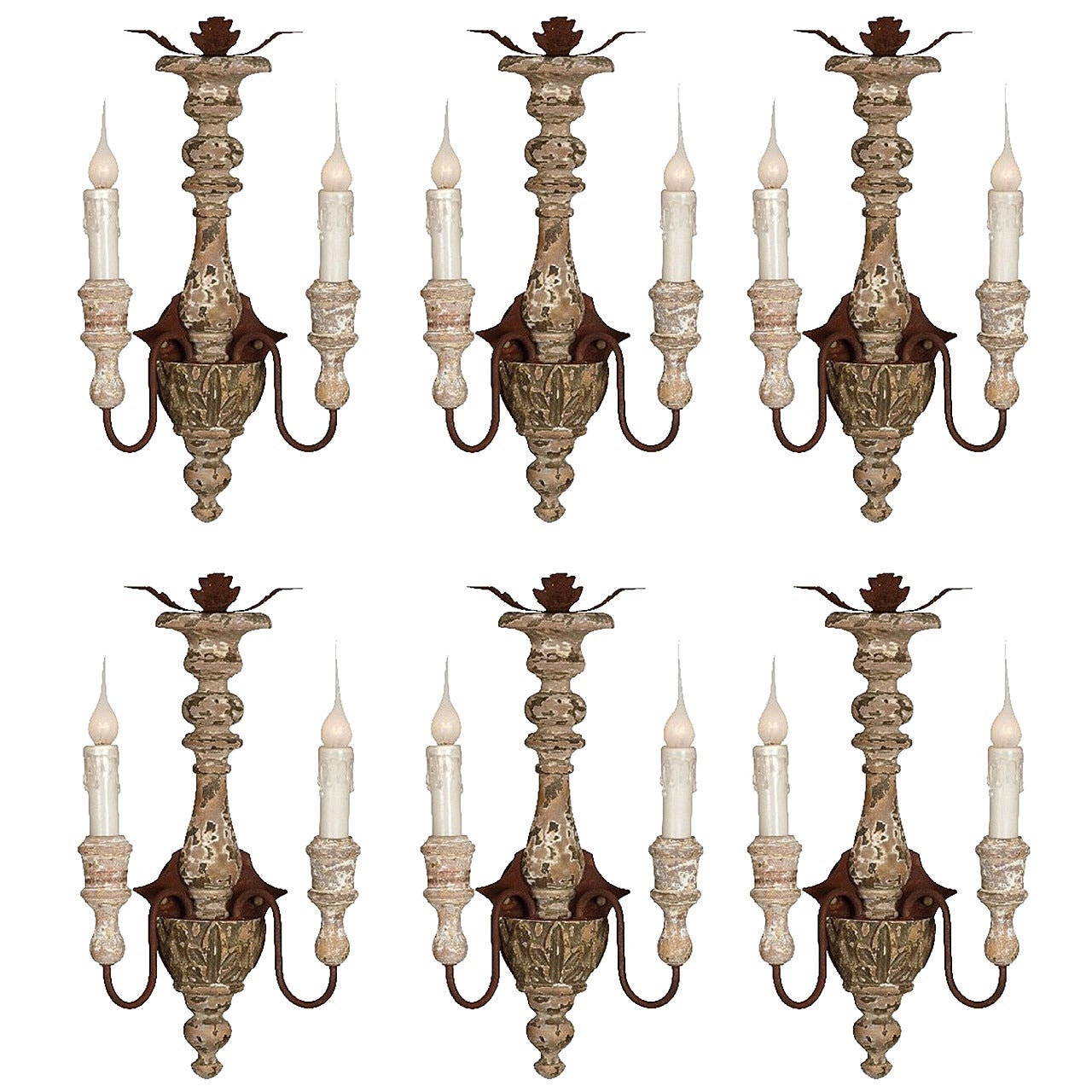 Set of Six Italian Style Carved Wood and Iron Two-Arm Sconces