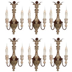 Vintage Set of Six Italian Style Carved Wood and Iron Two-Arm Sconces