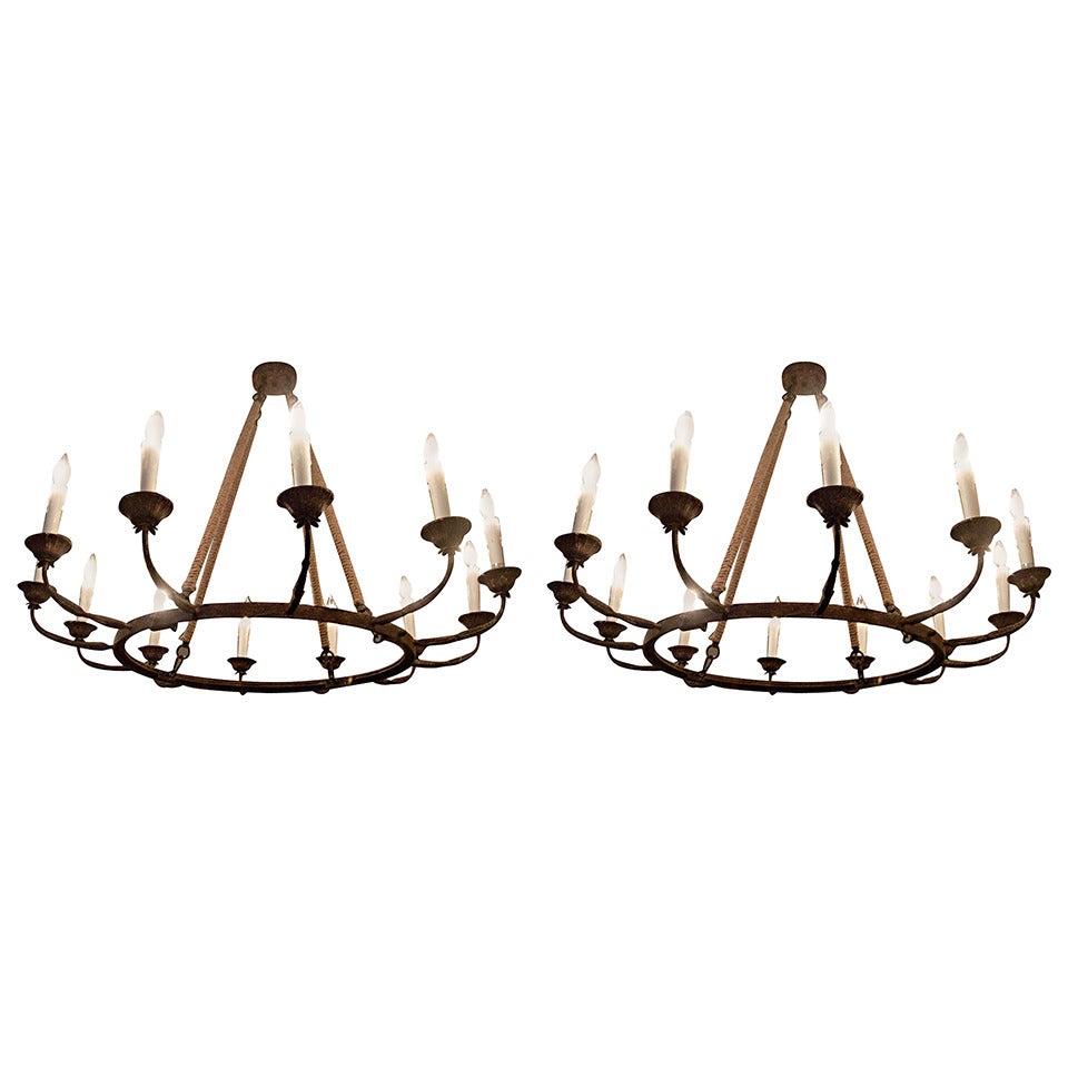 Pair of Twelve-Arm Metal Chandeliers With Rope Trim of Large-Scale. at  1stDibs | large scale chandeliers