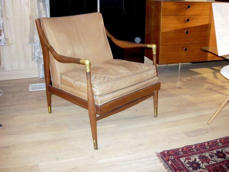 MID CENTURY TEAK, BRONZE AND LEATHER ARM CHAIR