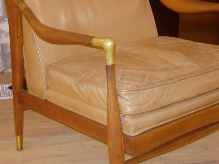 American Mid Century Teak, Bronze and Leather Arm Chair