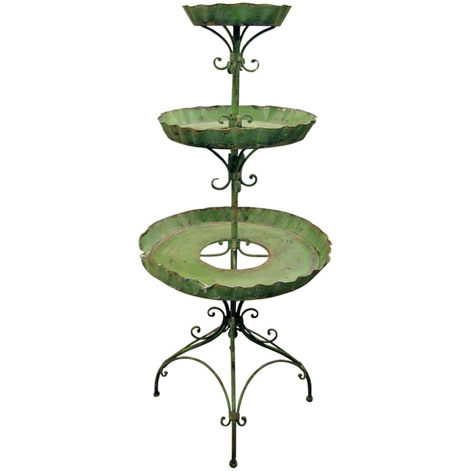 English Tole Three-Tier Plant Stand, Lovely Worn Painted Finish
