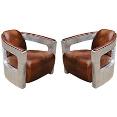 Used One Pair of English Aviator Style Club Chairs with Distressed Leather