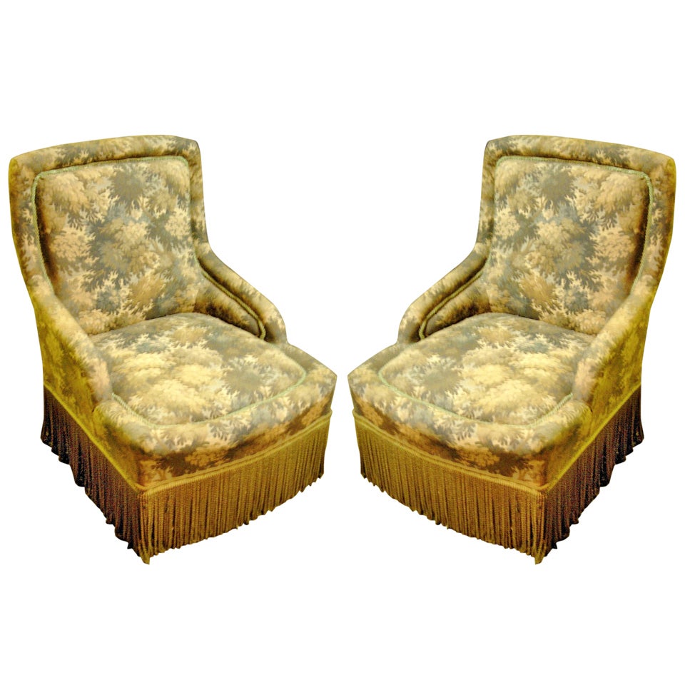 Charming Pair of English Slipper Chairs Covered in Tapestry Style Fabric