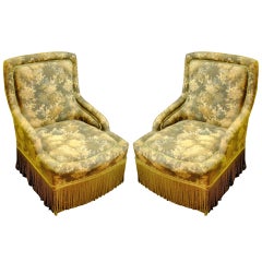 Charming Pair of English Slipper Chairs Covered in Tapestry Style Fabric