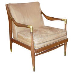 Mid Century Teak, Bronze and Leather Arm Chair