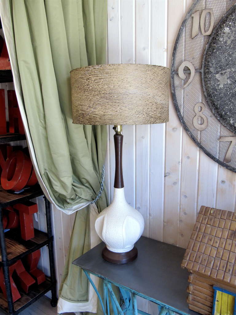 Mid-Century Modern One pair of white ceramic textural mid century lamps with period shades