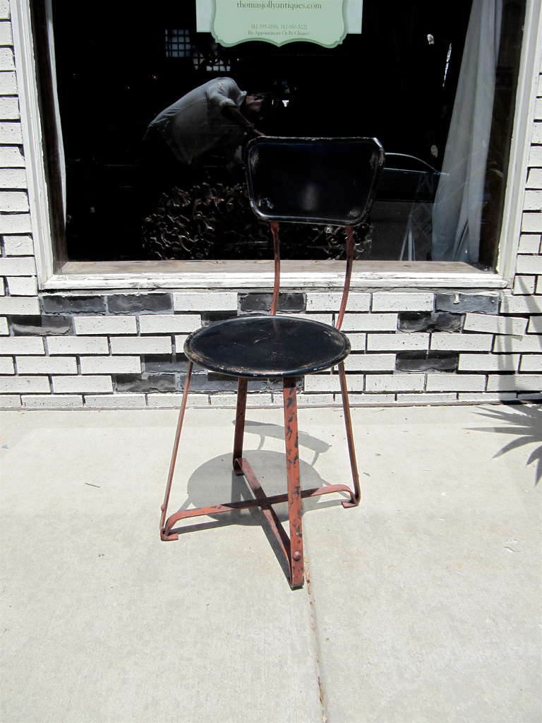 Set of six iron French garden chairs with lovely old worn painted finish