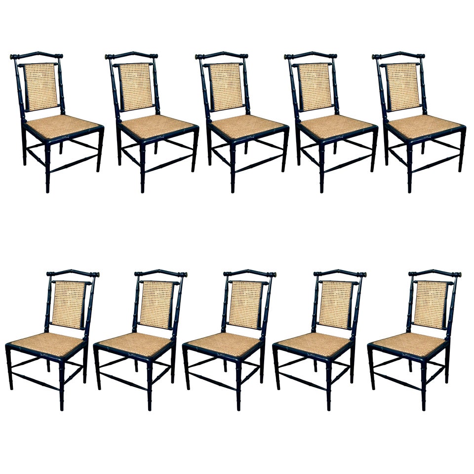 Set of Ten Anglo-Indian Ebonized Wood and Cane Side Chairs
