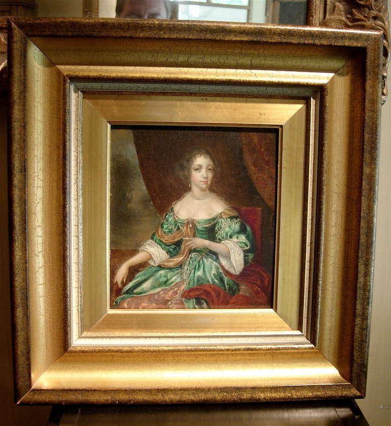 18th century European oil on board portrait of a lady in giltwood frame.