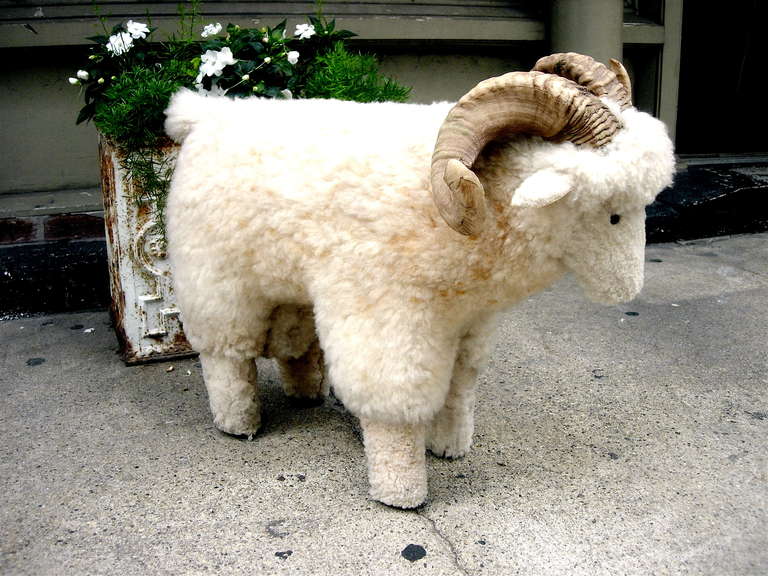 Charming sheep skin covered sheep foot stool with real horn.