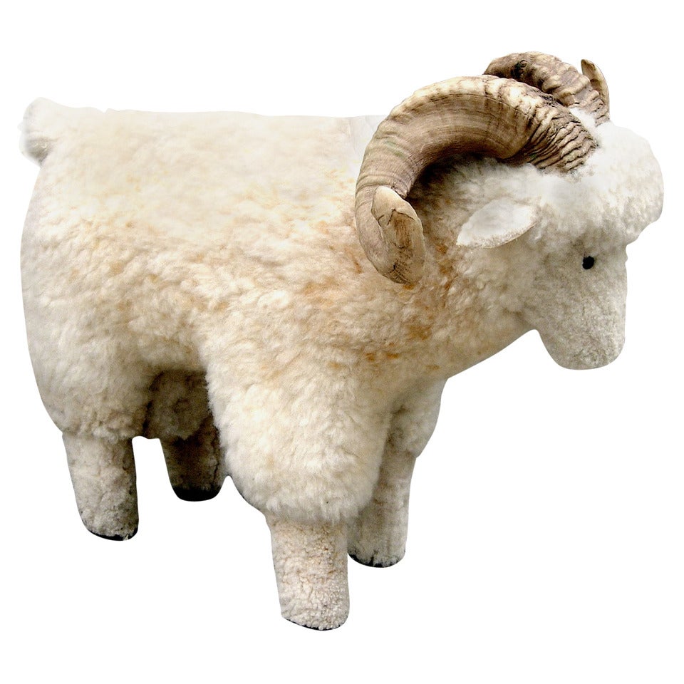 Charming Sheep Skin Covered Foot Stool with Real Horn