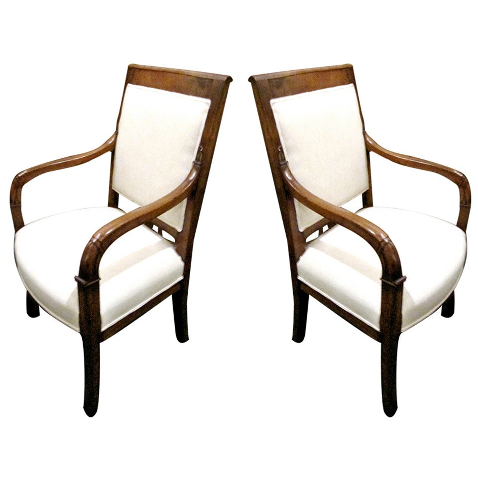 Exceptional Pair of French Empire Walnut Fauteuils