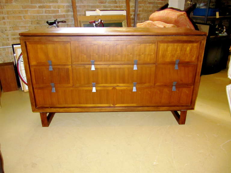 Midcentury credenza with brushed nickel pulls.