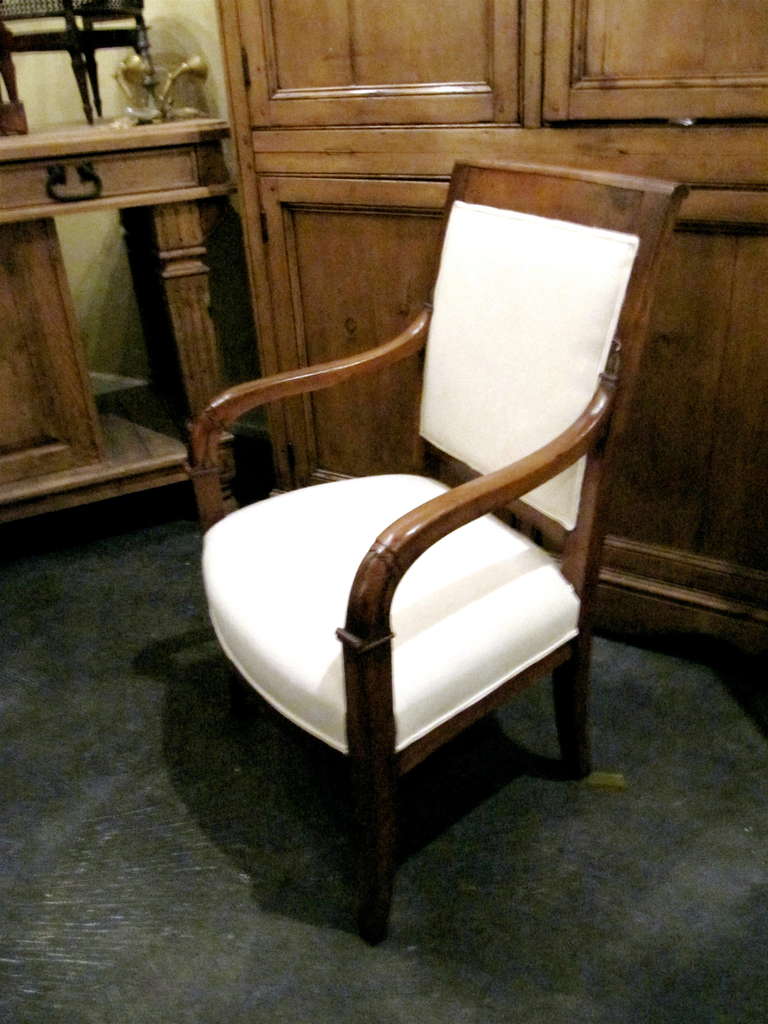 Exception Pair Of French Empire Walnut fauteuil, Newly Restored and Reupholstered