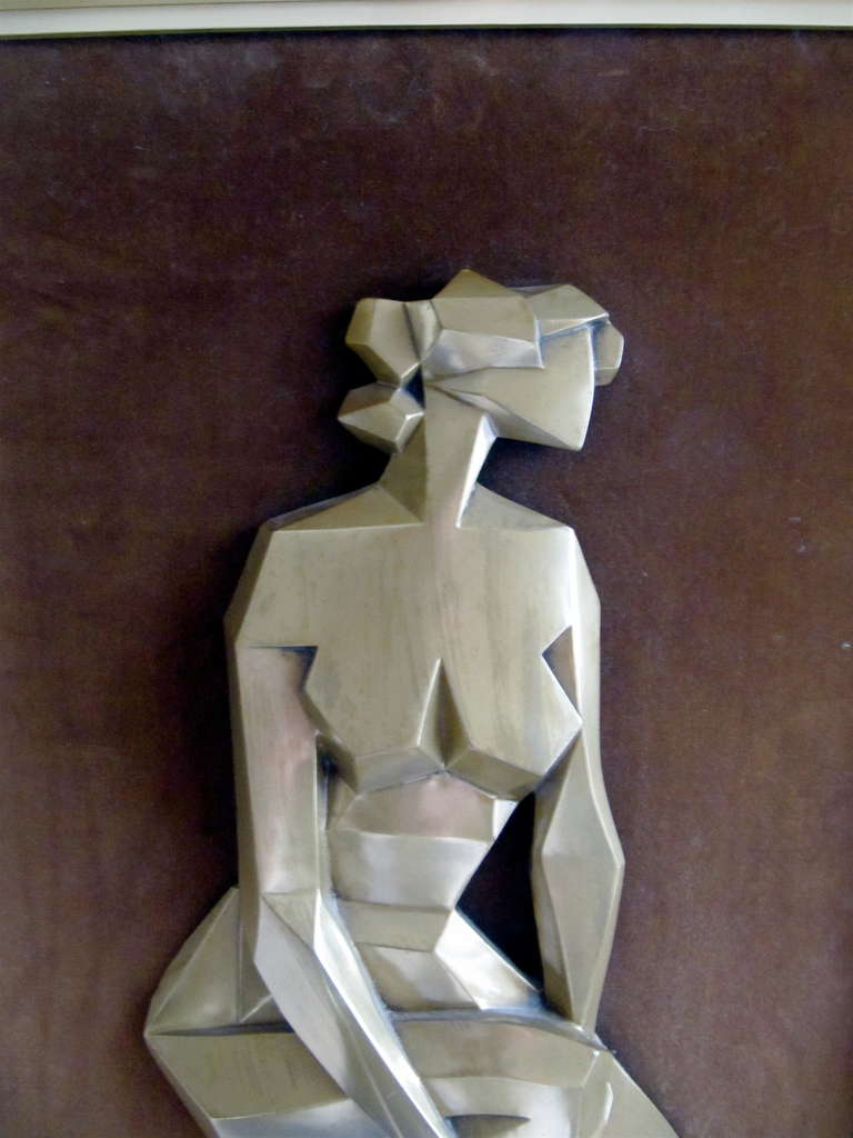Mid-Century Modern Cubist Cold Cast, Bronze-Mounted Figure in Stainless Frame