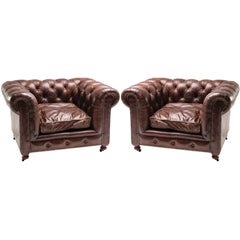 Vintage Pair of Large-Scale Chesterfield Club Chairs with Distressed Leather. 