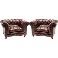 Pair of Large-Scale Chesterfield Club Chairs with Distressed Leather 3