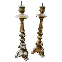 Pair of Continental Painted and Parcel Gilt Pricket Sticks