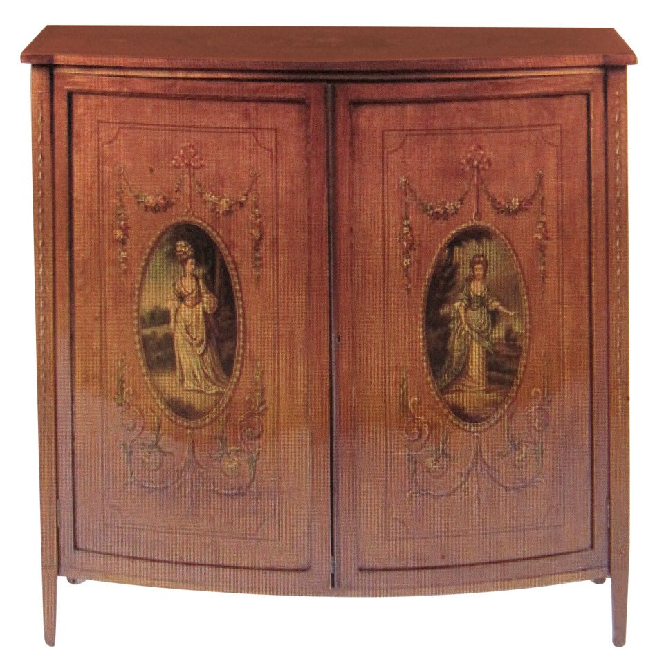 19th Century English Adams, Satinwood Cabinet with Painted Decoration