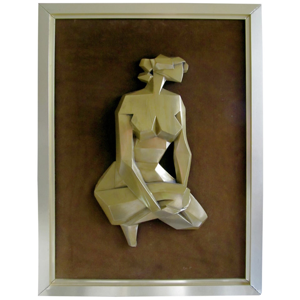 Cubist Cold Cast, Bronze-Mounted Figure in Stainless Frame