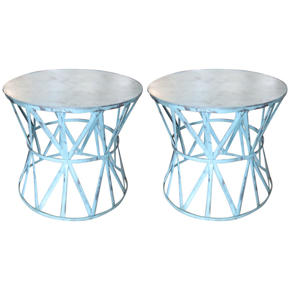 One Pair of Decorative Tole Drum Table with Vertigris Finish
