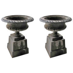 One Pair of English Iron Garden Urns on Stands