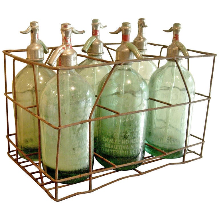 Six French Green Glass Seltzer Bottles in Metal Crate at 1stdibs