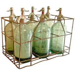 Antique Six French Green Glass Seltzer Bottles in Metal Crate