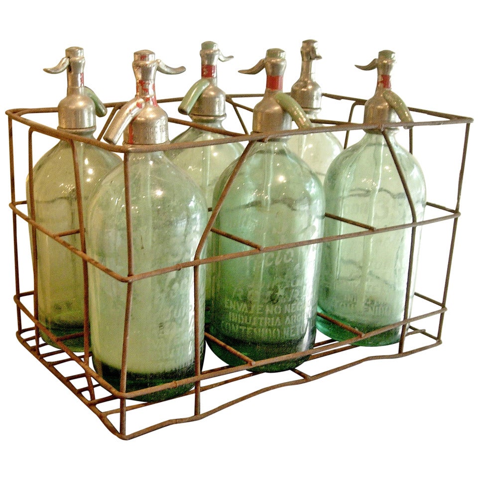 Six French Green Glass Seltzer Bottles in Metal Crate