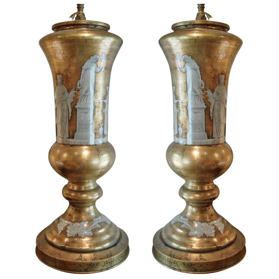 Pair of Neoclassical Reverse Painted Lamps