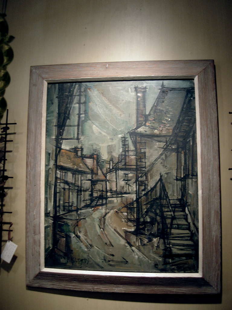 Midcentury Oil on Canvas Of Street Scape In Wood Frame, Signed and Dated Lower Left