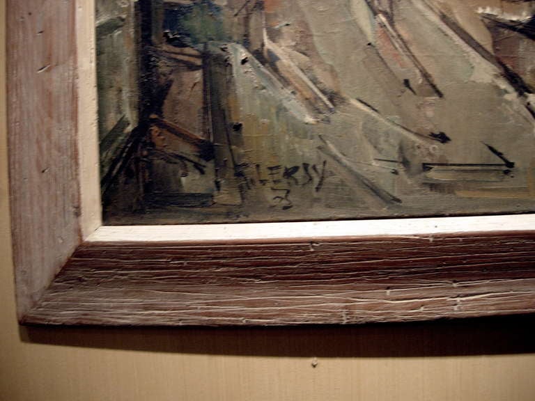 Mid-Century Modern Midcentury Oil on Canvas of Street Scape in Wood Frame