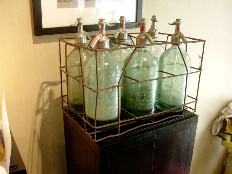 Six French Green Glass Seltzer Bottles In Metal Crate