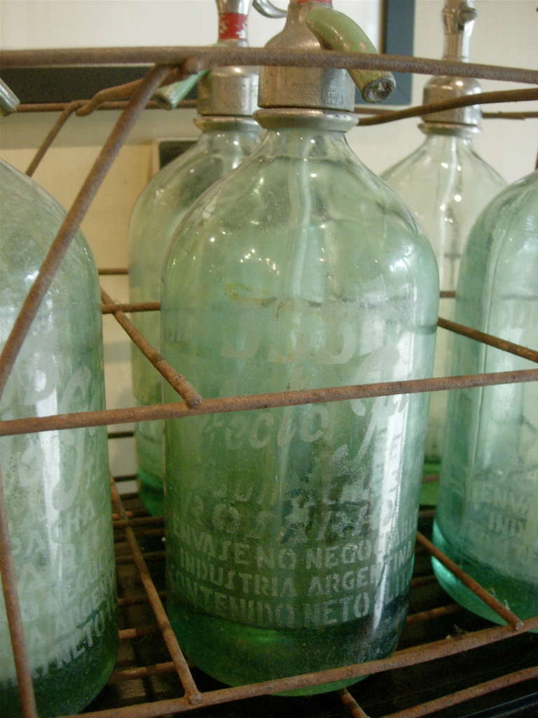 Six French Green Glass Seltzer Bottles in Metal Crate In Excellent Condition In Buchanan, MI