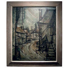 Midcentury Oil on Canvas of Street Scape in Wood Frame