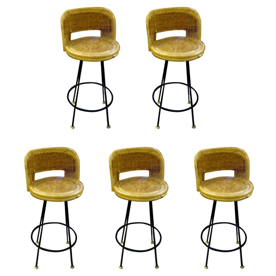 Set of Five Rattan and Iron Midcentury Bar Stools