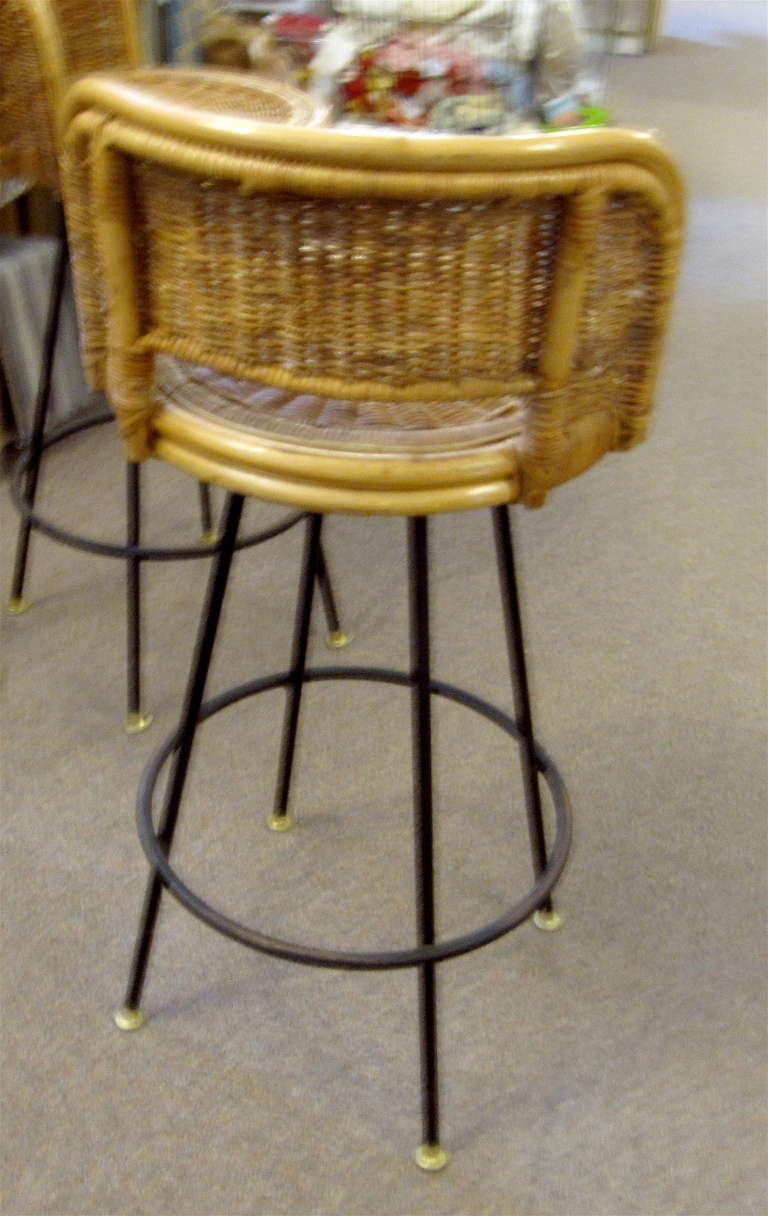 Set of Five Rattan and Iron Midcentury Bar Stools In Excellent Condition In Buchanan, MI