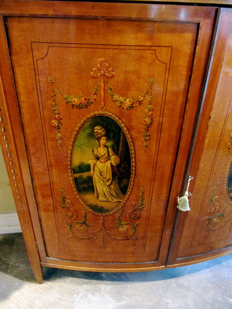 British 19th Century English Adams, Satinwood Cabinet with Painted Decoration For Sale