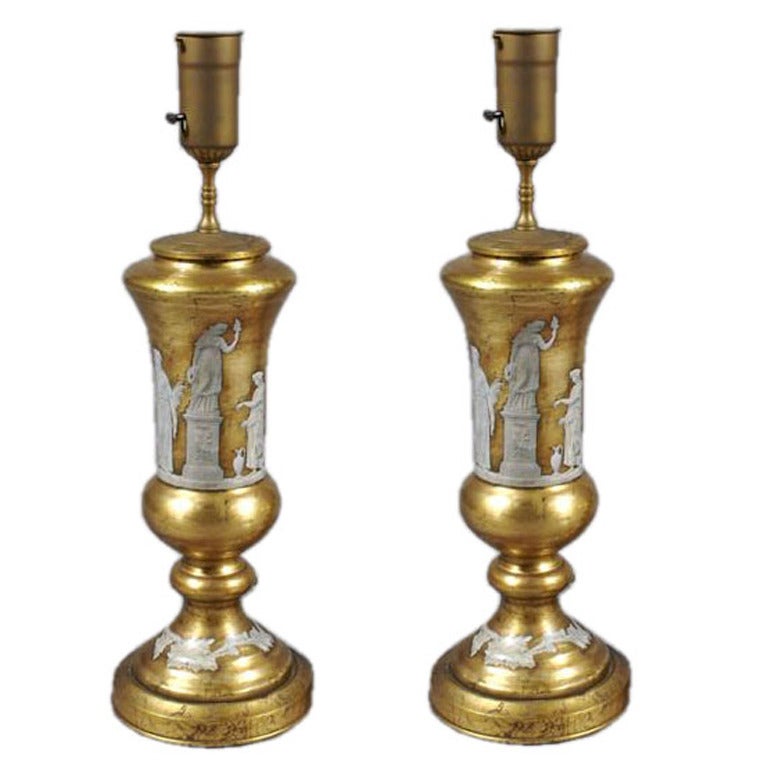 Pair of Hollywood RegencyReverse Painted Glass Lamps with Neoclasical Decoration For Sale
