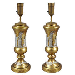 Pair of Reverse Painted Glass Lamps with Neoclasical Decoration 12