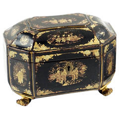 English Chinoiserie Papier Mâché Tea Caddy with Pewter Fitted Interior