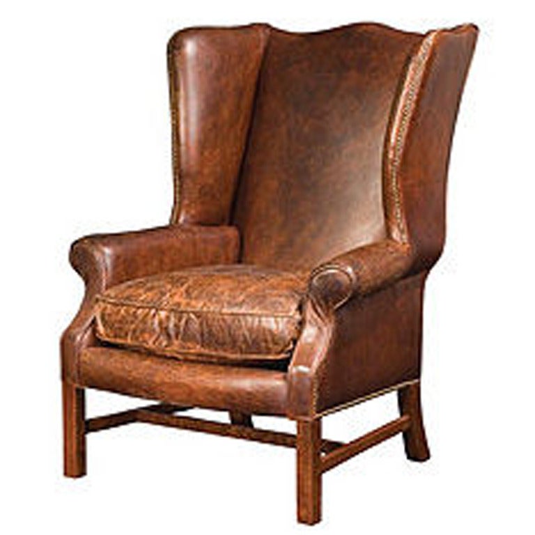 One Pair of Distressed Leather Wingback Chairs